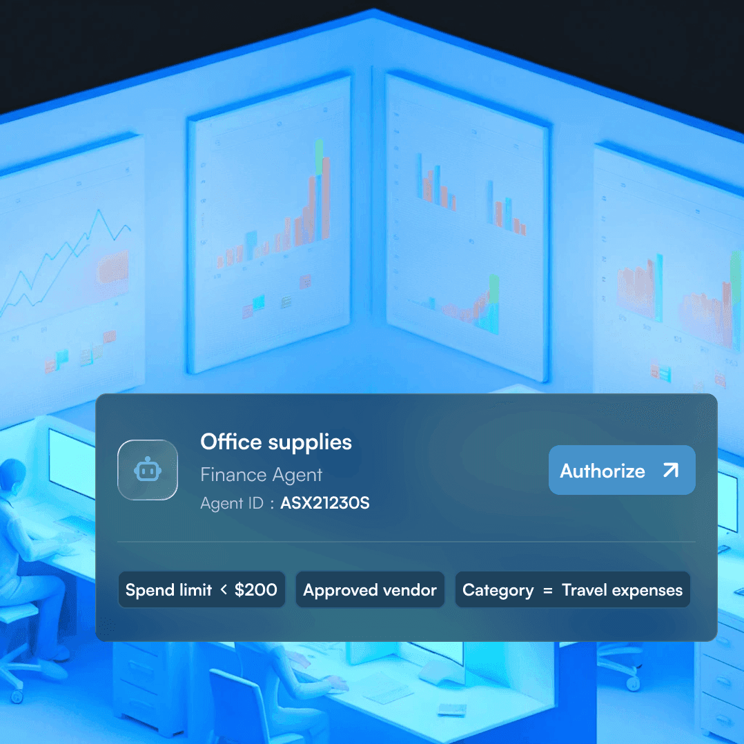 Finance agent purchase card with spend limit, approved vendor, and authorize button